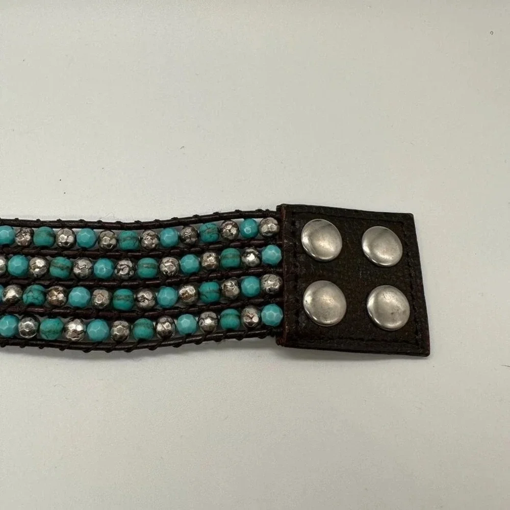 Fik Yung Boho Turquoise‎ Silver Tone Beaded Wrap Bracelet Brown Leather Snap